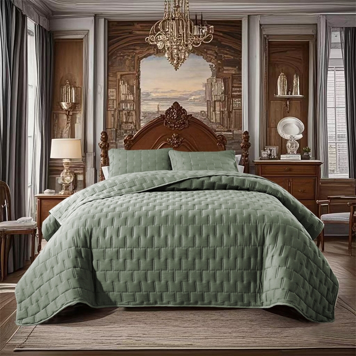 91家纺网 家纺一手货源 找家纺 温宁2025新款 跨境外贸专供山字格床盖 绿色
