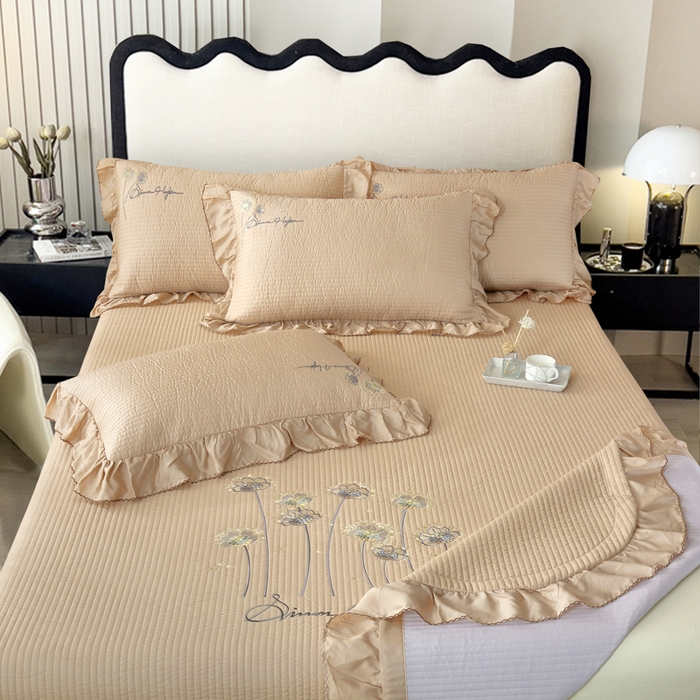 91家纺网 家纺一手货源 找家纺 OL家纺2025新款天丝床盖三件套系列-蒲公英 枣栗色