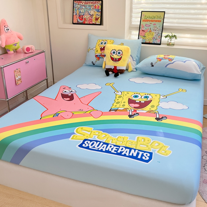 91家纺网 家纺一手货源 找家纺 金爱家2025新款全棉大版单品-床笠 棉单品-彩虹海绵宝宝