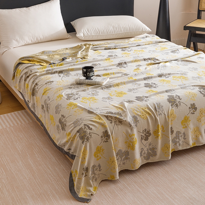 91家纺网 家纺一手货源 找家纺 朴尔家纺-2025年新款柔滑竹纤维双层纱布冷感毯毛巾被 清然-灰黄