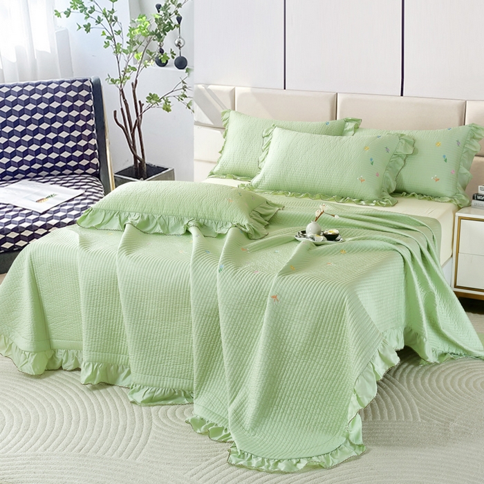 91家纺网 家纺一手货源 找家纺 OL家纺2025新款天丝床盖三件套系列-清新交响曲 苹果绿