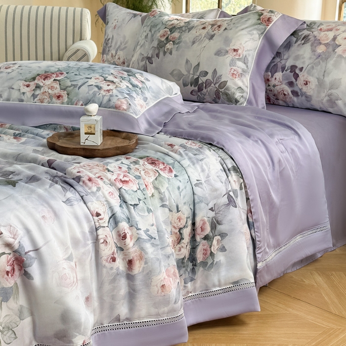 91家纺网 家纺一手货源 找家纺 娇逸家居 2025新品60支天丝数码印花高端夏被四件套 莫奈花园-紫