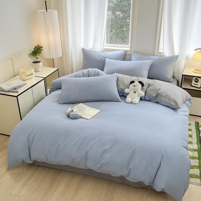 91家纺网 家纺一手货源 找家纺 泽西家纺2025新款A类全棉双拼纯色纯棉单被套 淡蓝+深灰