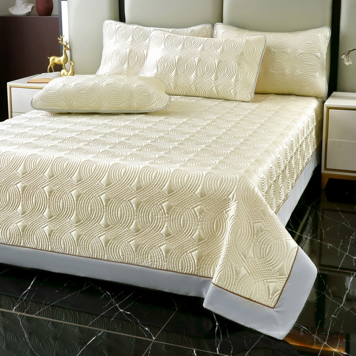 91家纺网 家纺一手货源 找家纺 OL家纺2025新款冰丝绸夏被床盖款三件套 柠檬黄