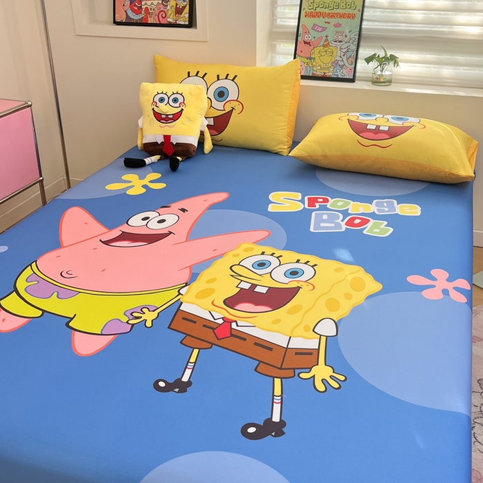 91家纺网 家纺一手货源 找家纺 金爱家2025新款全棉大版单品-床笠 棉单品-蓝蓝海绵宝宝