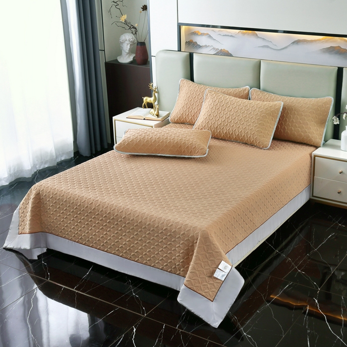 91家纺网 家纺一手货源 找家纺 OL家纺2025新款凉感丝夏被床盖款三件套 摩卡棕