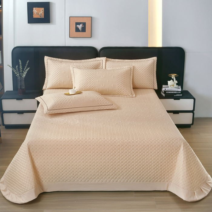 91家纺网 家纺一手货源 找家纺 OL家纺2025新款玉锦缎纯色床盖三件套-巴格莉 香槟色