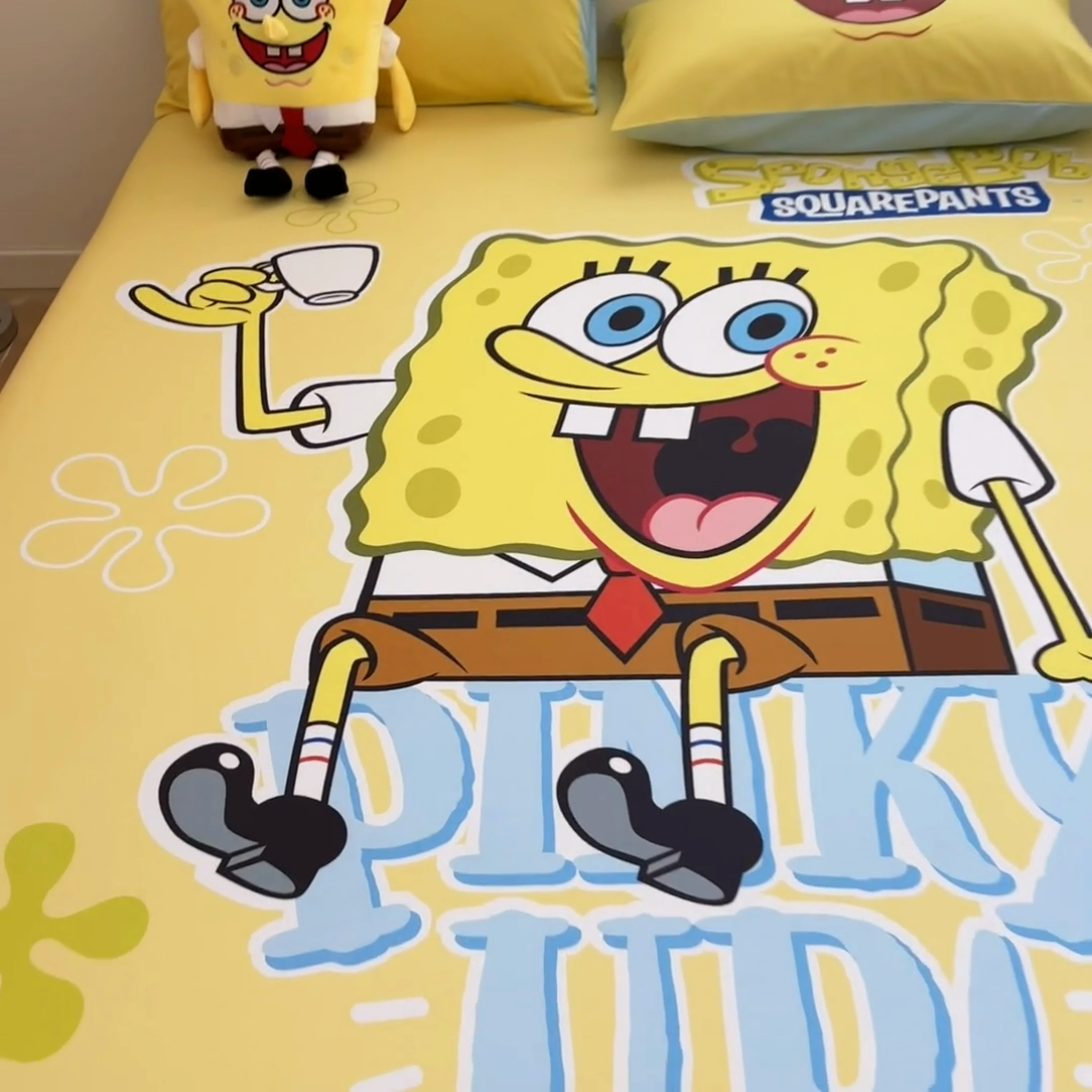 91家纺网 家纺一手货源 找家纺 金爱家2025新款全棉大版单品-床笠 棉单品-咖啡海绵宝宝