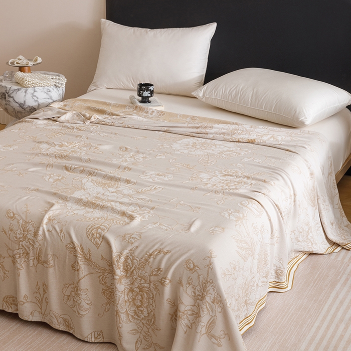 91家纺网 家纺一手货源 找家纺 朴尔家纺-2025年新款柔滑竹纤维双层纱布冷感毯毛巾被 漫花-驼