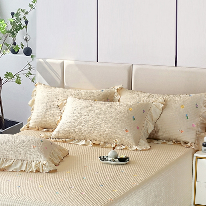 91家纺网 家纺一手货源 找家纺 OL家纺2025新款天丝床盖三件套系列-清新交响曲 奶茶驼