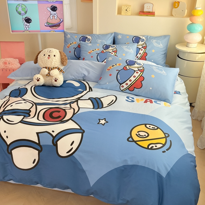 91家纺网 家纺一手货源 找家纺 金爱家 2025新款太空人纯棉四件套 星球太空人