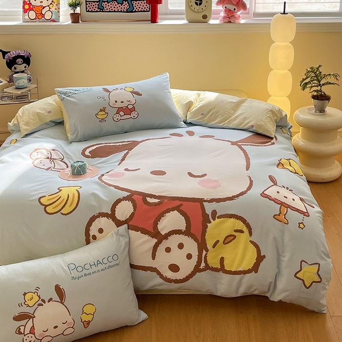 91家纺网 家纺一手货源 找家纺 蓝邻家纺 2025新款全棉大版三丽鸥四件套系列 呆萌帕恰狗