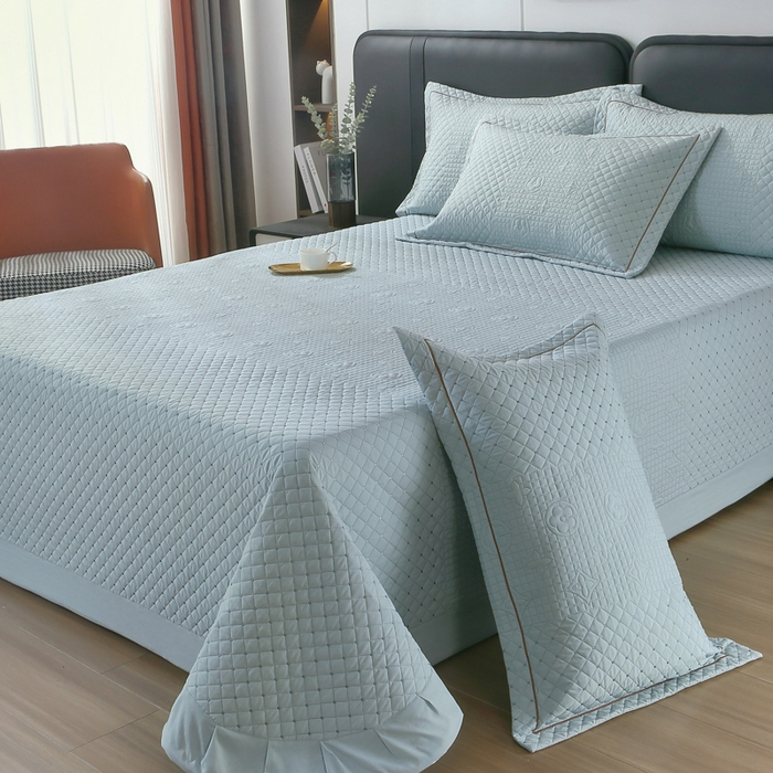 91家纺网 家纺一手货源 找家纺 OL家纺2025新款玉锦缎纯色床盖三件套-巴格莉 深蓝