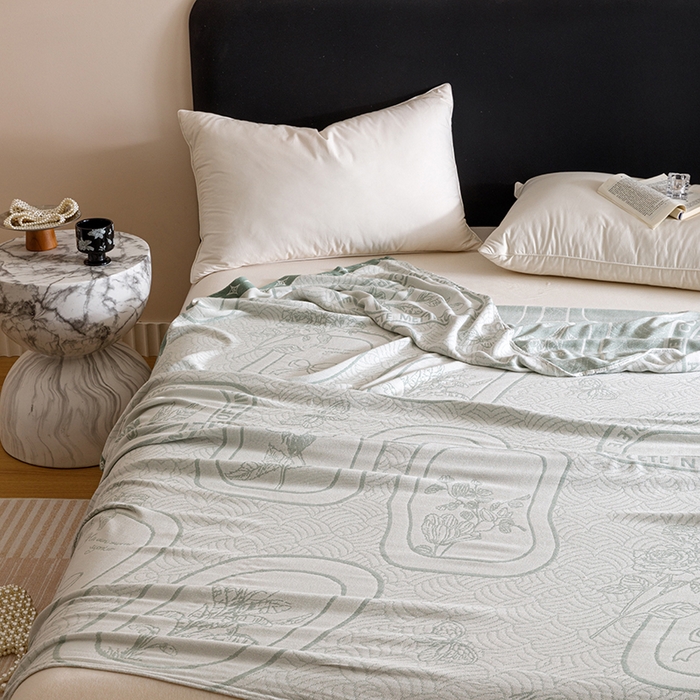 91家纺网 家纺一手货源 找家纺 朴尔家纺-2025年新款柔滑竹纤维双层纱布冷感毯毛巾被 水纹玫瑰-绿