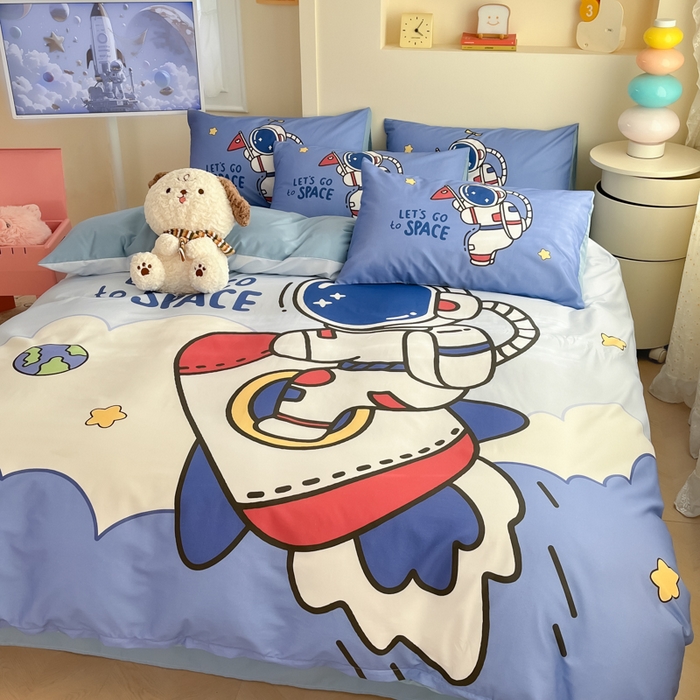 91家纺网 家纺一手货源 找家纺 金爱家 2025新款太空人纯棉四件套 火箭太空人