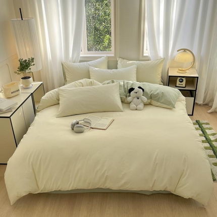 泽西家纺2025新款A类全棉双拼纯色纯棉单被套 杏黄+橄榄绿