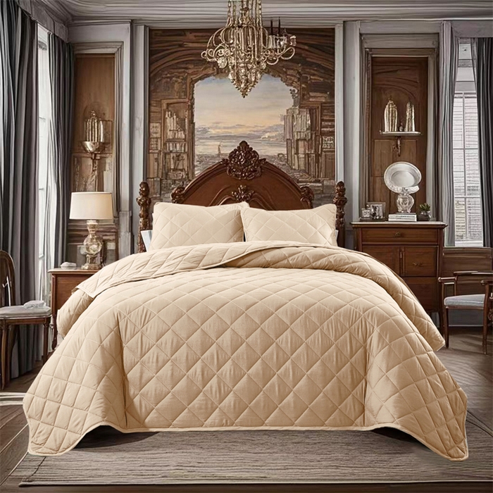 91家纺网 家纺一手货源 找家纺 温宁2025新款跨境外贸专供斜方格床盖 米色