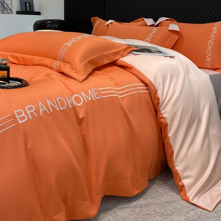 首尔家纺 2025亲肤棉水洗真丝冰丝刺绣四件套-伯恩系列 伯恩-摩登橘