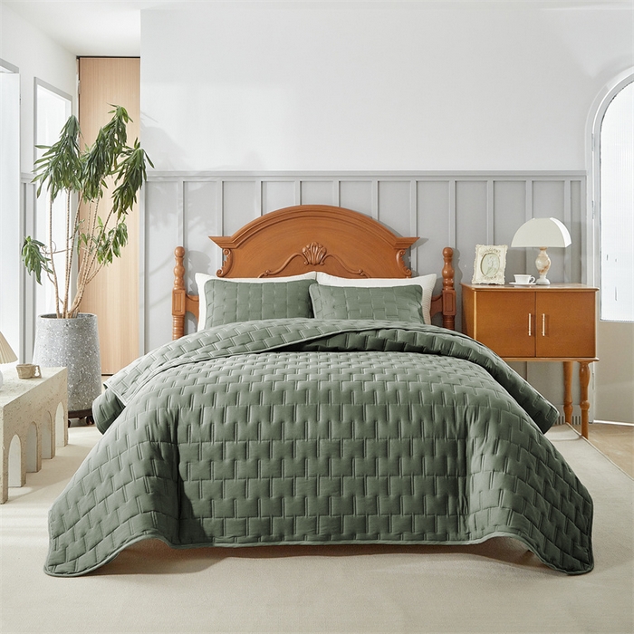 91家纺网 家纺一手货源 找家纺 温宁2025新款 跨境外贸专供山字格床盖 绿色