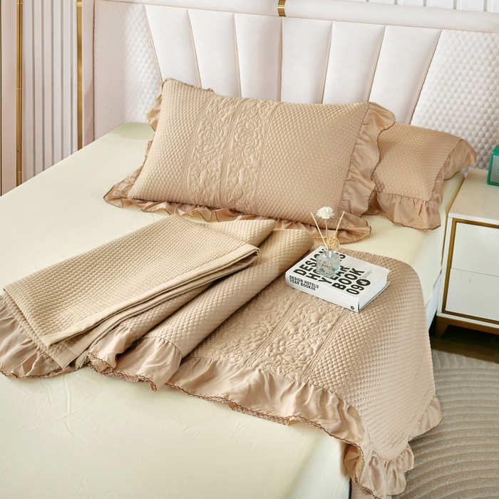 91家纺网 家纺一手货源 找家纺 OL家纺2025新款天丝床盖三件套系列-牡丹 枣栗色