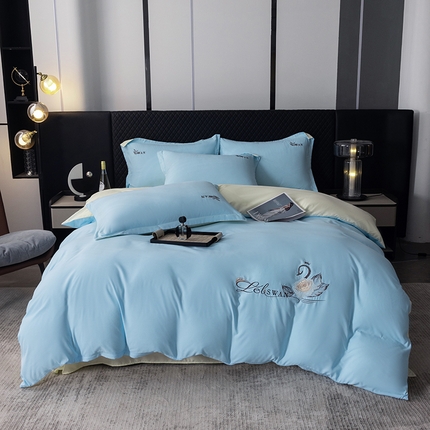 丫丫家纺 2025纯色绣花四件套 花梦蓝色+米黄