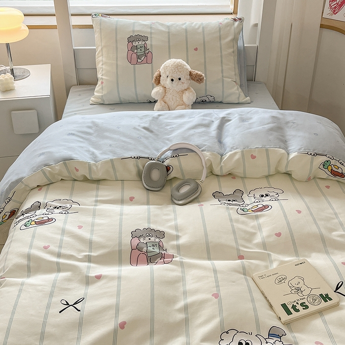 91家纺网 家纺一手货源 找家纺 慕尚家纺 2025新款全棉印花学生三件套套件 书生猫咪