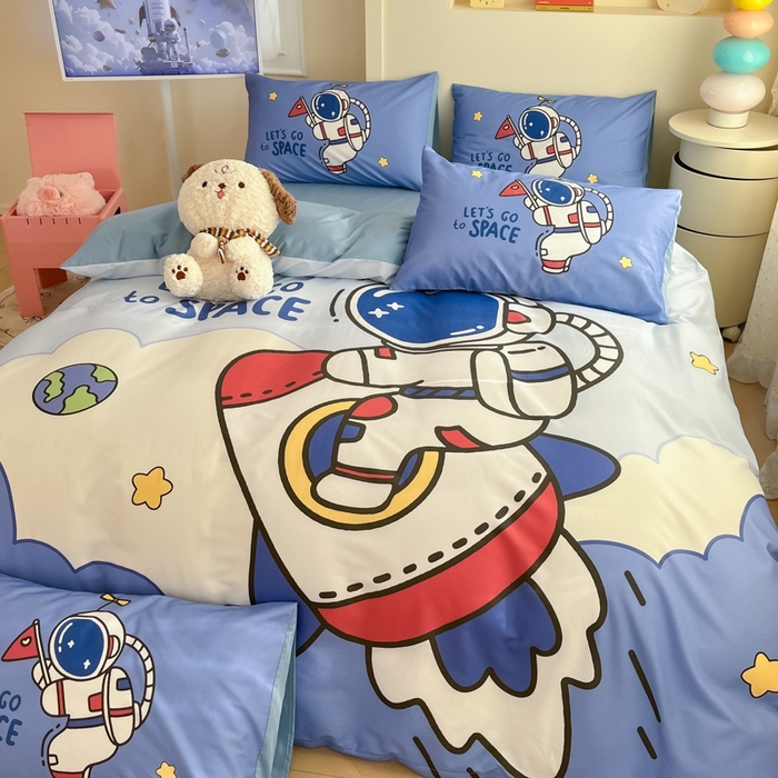 91家纺网 家纺一手货源 找家纺 金爱家 2025新款太空人纯棉四件套 火箭太空人