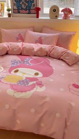 91家纺网 家纺一手货源 找家纺 蓝邻家纺 2025新款全棉大版三丽鸥四件套系列 蛋糕美乐蒂