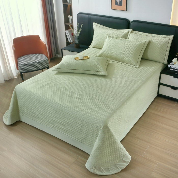 91家纺网 家纺一手货源 找家纺 OL家纺2025新款玉锦缎纯色床盖三件套-巴格莉 苹果绿