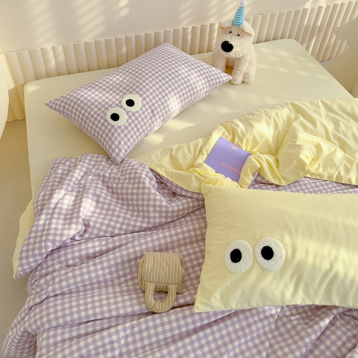 91家纺网 家纺一手货源 找家纺 老帅的工厂店 2025新款多巴胺水洗云朵棉大眼睛系列夏被四件套 麻薯