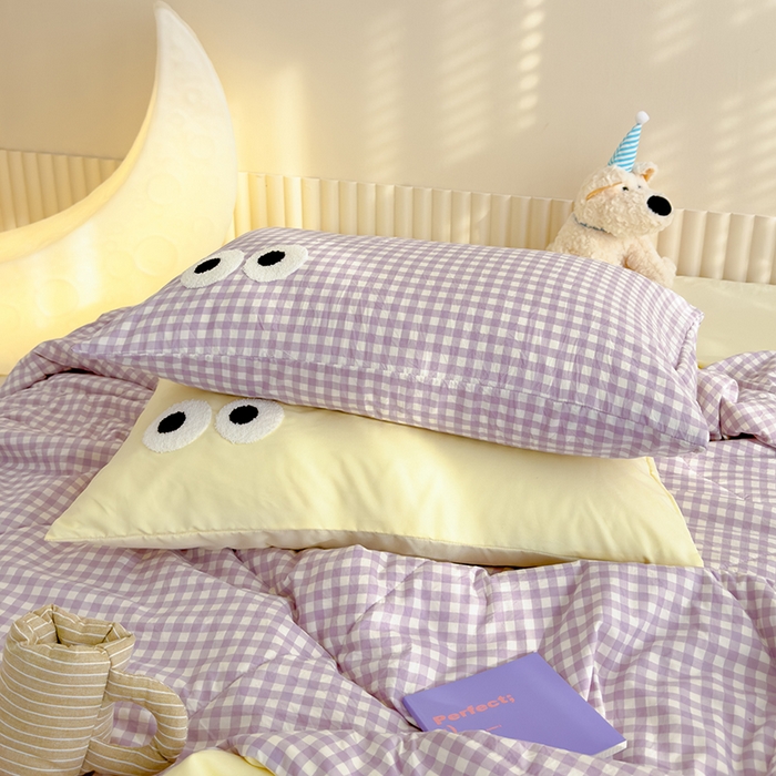 91家纺网 家纺一手货源 找家纺 老帅的工厂店 2025新款多巴胺水洗云朵棉大眼睛系列夏被四件套 麻薯