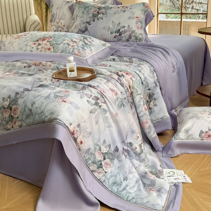 91家纺网 家纺一手货源 找家纺 娇逸家居 2025新品60支天丝数码印花高端夏被四件套 莫奈花园-紫