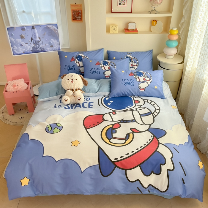 91家纺网 家纺一手货源 找家纺 金爱家 2025新款太空人纯棉四件套 火箭太空人