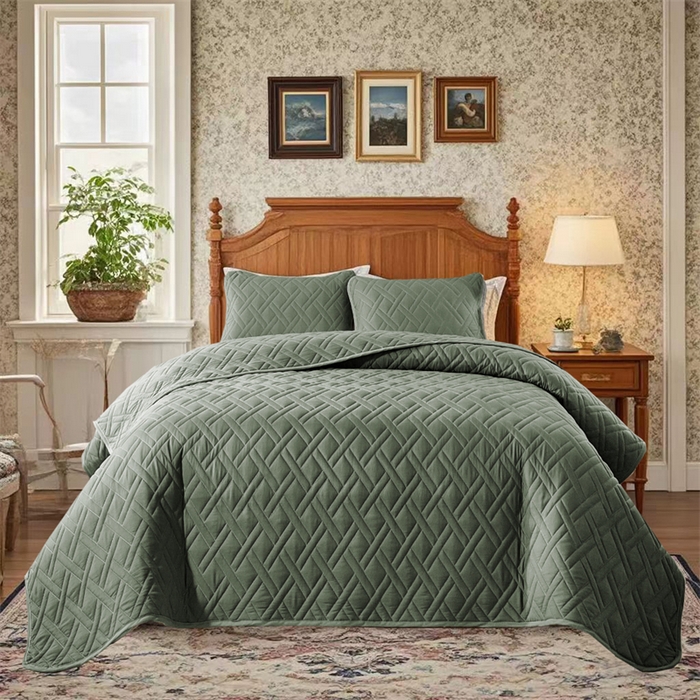 91家纺网 家纺一手货源 找家纺 温宁2025新款 跨境外贸专供直线格床盖 绿色