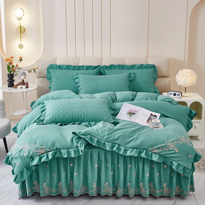 91家纺网 家纺一手货源 找家纺 家之硕家纺 2025新款云朵棉刺绣床裙四件套单床裙 湖绿