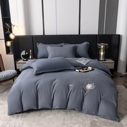 丫丫家纺 2025纯色绣花四件套 花梦-深灰
