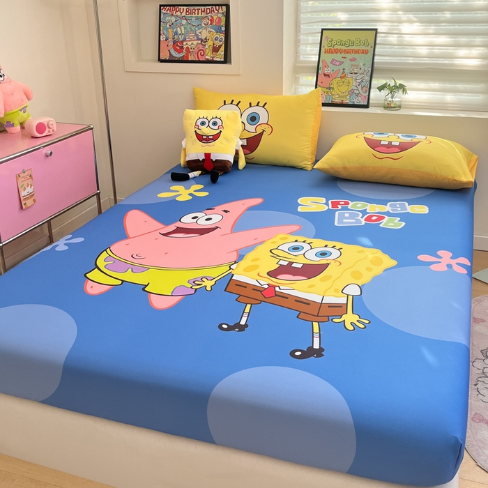 91家纺网 家纺一手货源 找家纺 金爱家2025新款全棉大版单品-床笠 棉单品-蓝蓝海绵宝宝