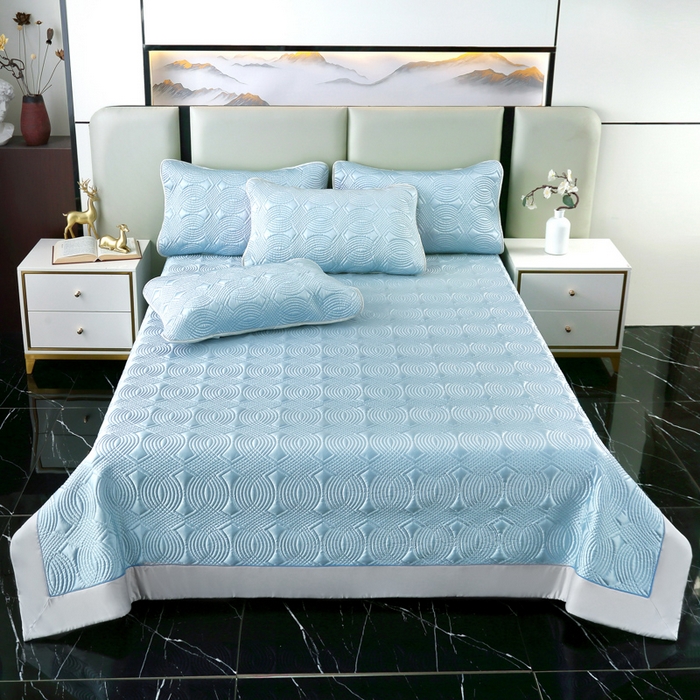 91家纺网 家纺一手货源 找家纺 OL家纺2025新款冰丝绸夏被床盖款三件套 天空蓝