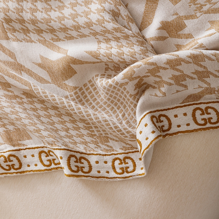 91家纺网 家纺一手货源 找家纺 朴尔家纺-2025年新款柔滑竹纤维双层纱布冷感毯毛巾被 千鸟风情-驼