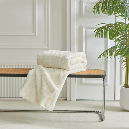 温宁2025新款跨境外贸专供树叶毯 树叶-米白