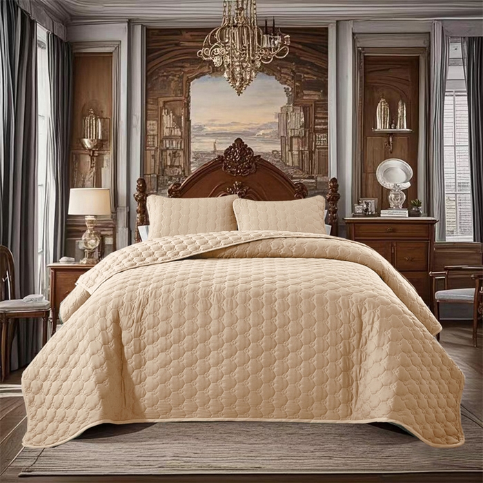 91家纺网 家纺一手货源 找家纺 温宁2025新款纤水洗棉麦穗夹棉四季足球格床盖 米色