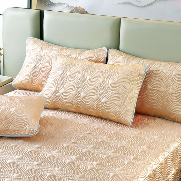 91家纺网 家纺一手货源 找家纺 OL家纺2025新款冰丝绸夏被床盖款三件套 粉橘色