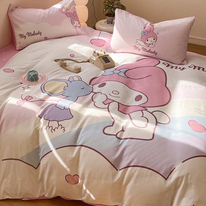 91家纺网 家纺一手货源 找家纺 蓝邻家纺 2025新款全棉大版三丽鸥四件套系列 粉兔亲亲