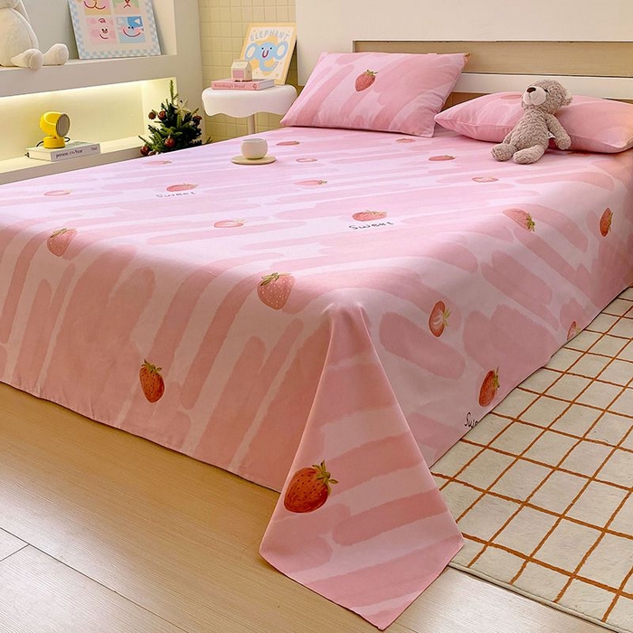 91家纺网 家纺一手货源 找家纺 ME/ERA HOME寐时代 2025新款全棉老粗布床单款三件套 全棉卡通-草莓-粉