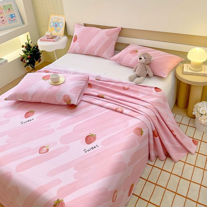 91家纺网 家纺一手货源 找家纺 ME/ERA HOME寐时代 2025新款全棉老粗布床单款三件套 全棉卡通-草莓-粉