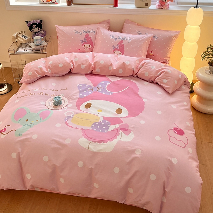 91家纺网 家纺一手货源 找家纺 蓝邻家纺 2025新款全棉大版三丽鸥四件套系列 蛋糕美乐蒂