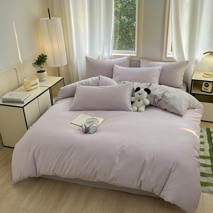 91家纺网 家纺一手货源 找家纺 泽西家纺2025新款A类全棉双拼纯色纯棉单被套 淡雅紫+山灰