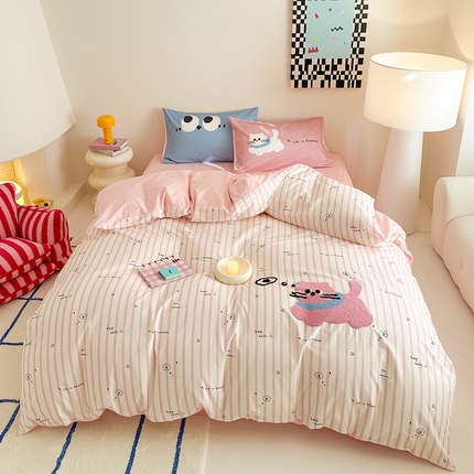 91家纺网 家纺一手货源 找家纺 （总）卧趣家纺 2025新款纯棉印花+毛巾绣 全棉卡通四件套