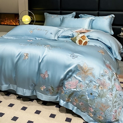 91家纺网 家纺一手货源 找家纺 爱家（原缔乐家纺） 2025新款雪莲天丝四件套-花开浪漫 花开浪漫-天空兰