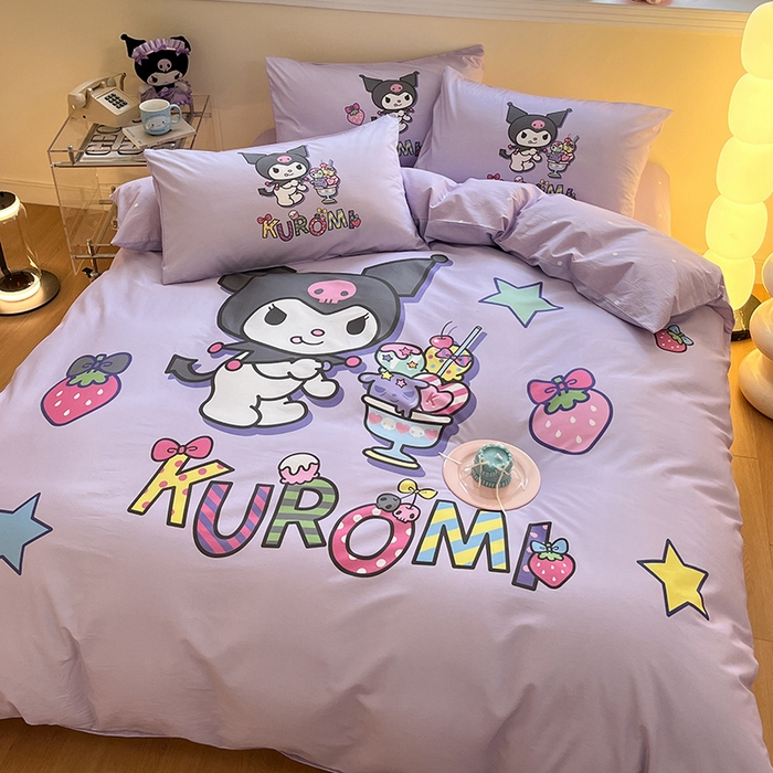 91家纺网 家纺一手货源 找家纺 蓝邻家纺 2025新款全棉大版三丽鸥四件套系列 草莓库洛米